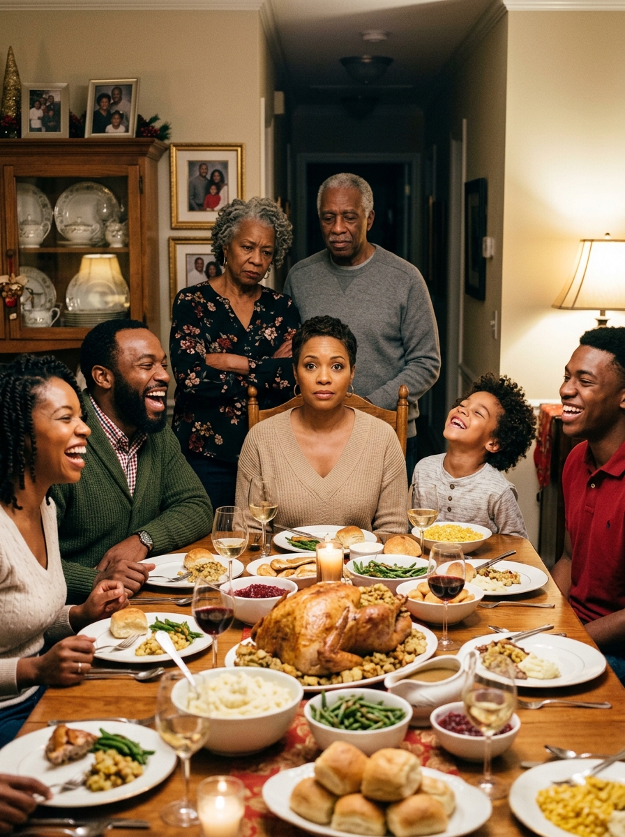 A detailed color photograph of a large multi-generational African American family gathered around a wooden dining table, precisely recreating the complex social dynamic and composition of image_0.png. The central figure is an African American woman in her 40s, with a short, textured naturally-coiled hair bob, wearing a light beige V-neck sweater, her expression one of shocked distress and frustration, staring ahead. To her right (from the viewer’s perspective), a younger African American man in a long-sleeved green polo laughs heartily with a wide-open mouth, next to an older African American woman with coiled short gray hair and a blue blouse, also laughing. In the background, on the right, an older African American woman with gray locs and a maroon sweater looks on with crossed arms, her expression a mix of disapproval and concern, next to an older African American man in a gray sweater and khaki pants with a serious, concerned expression. To the right, a younger African American man in a red polo laughs openly with crossed arms, and an African American boy, about 10-12 years old, with shorter coiled hair, in a dark blue henley shirt, sits at the end of the table, his eyes closed in a calm, slightly amused, meditative look. The table setting is a direct match, featuring the same placemats, the large roasted chicken, gravy, potatoes, green vegetables, glasses, and silverware, all with the remains of a partially eaten meal. The background details—the dark wood china cabinet with its glass doors and dishes, the framed portraits (with new, generic but similar-looking art, perhaps abstract or landscape, in a similar frame style), and the open doorway looking into a hallway—are all preserved. The lighting is warm and natural, from an unseen source, making the scene feel like a real home dinner. The camera angle is mid-shot at eye-level, capturing the entire group.