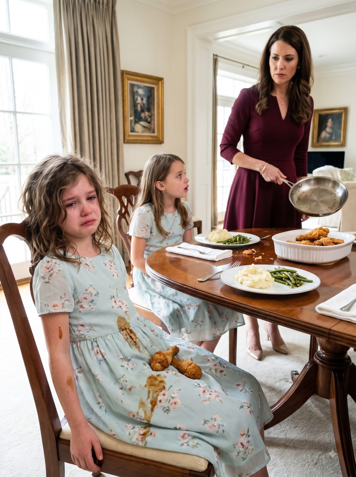 My four-year-old daughter and my niece accidentally wore almost identical dresses to Sunday dinner, and both girls were delighted. My older sister wasn’t. She demanded that I change my daughter, then lost her temper at the table and hur:led a skiIIet of fri:ed chicken toward her. But while my terri:fi:ed little girl clung to me covered in sauce, my mother didn’t blame my sister. She looked at me and said, “I told you to change her dress.”